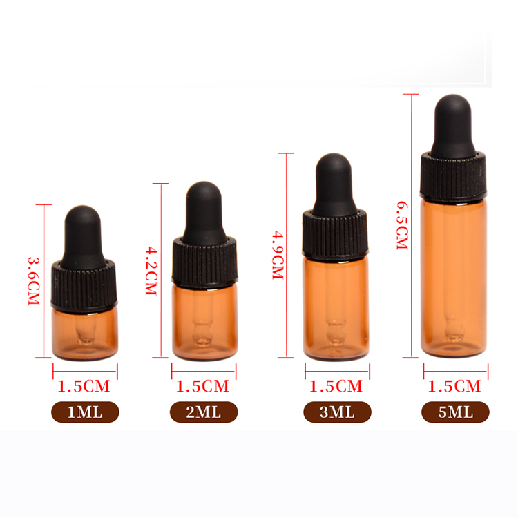 wholesale 1ml 2ml 3ml 5 ml amber glass dropper bottle with dropper for essential oil packaging