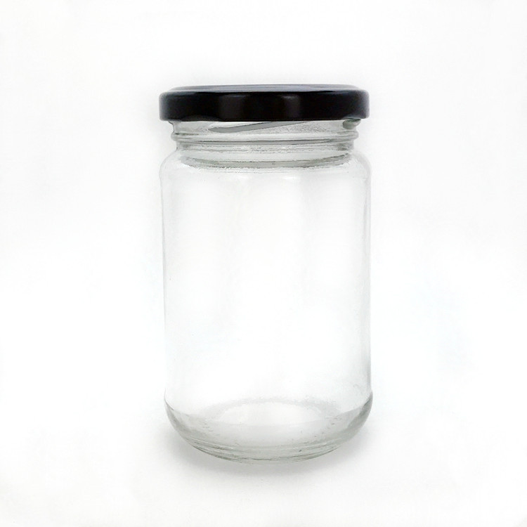 wholesale 200 ml transparent round glass jar for jam with metal cap
