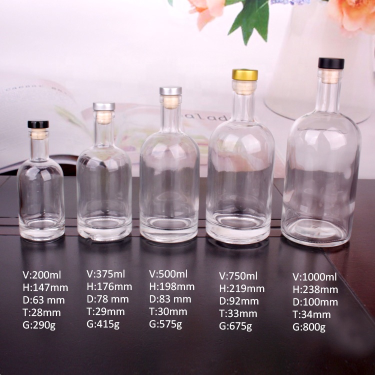wholesale 200ml 375ml 500ml 750ml 1000ml Clear glass bottles packaging for liquor vodka wine
