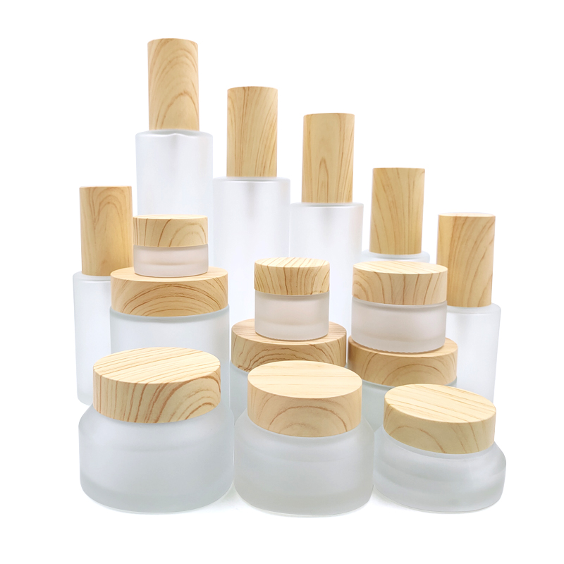 wholesale 20ml 30ml 50ml 80ml100ml 120ml frosted glass empty cosmetic Packaging pump serum perfume bottles with wood lids