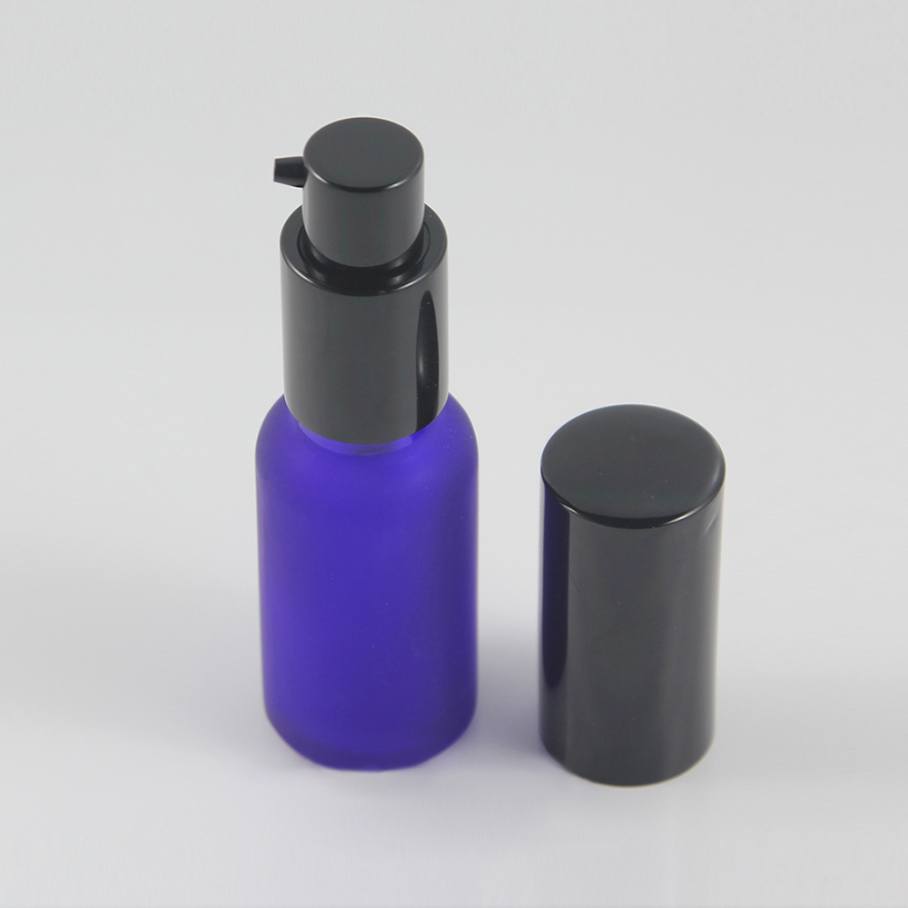 wholesale 20ml blue frost glass bottle for premium emulsion, 20 ml glass serum bottle with black pump