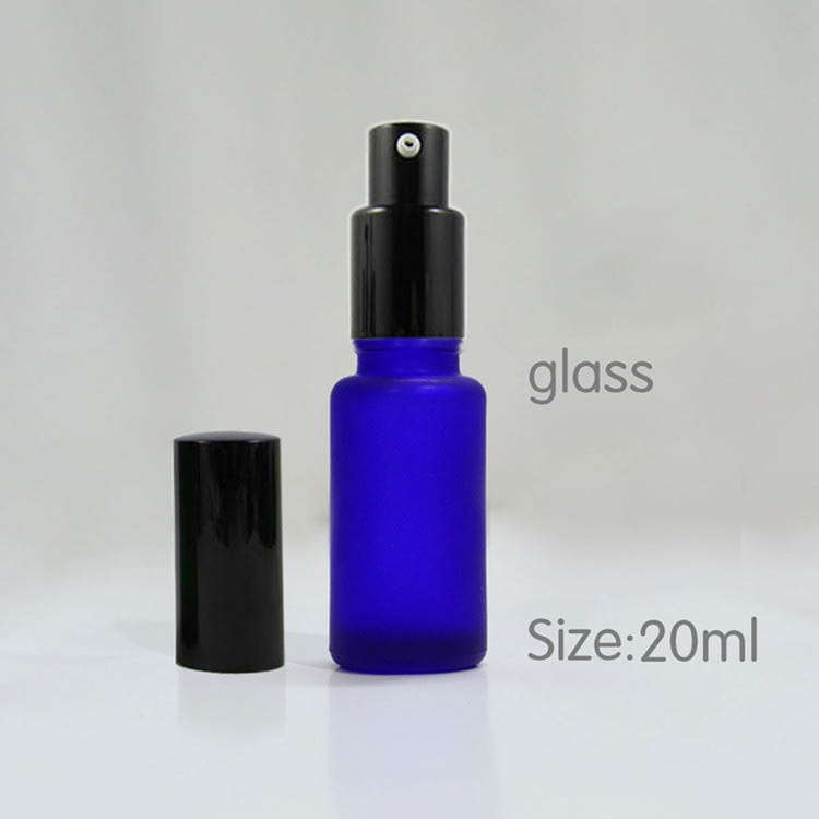 wholesale 20ml blue frost glass bottle for premium emulsion, 20 ml glass serum bottle with black pump