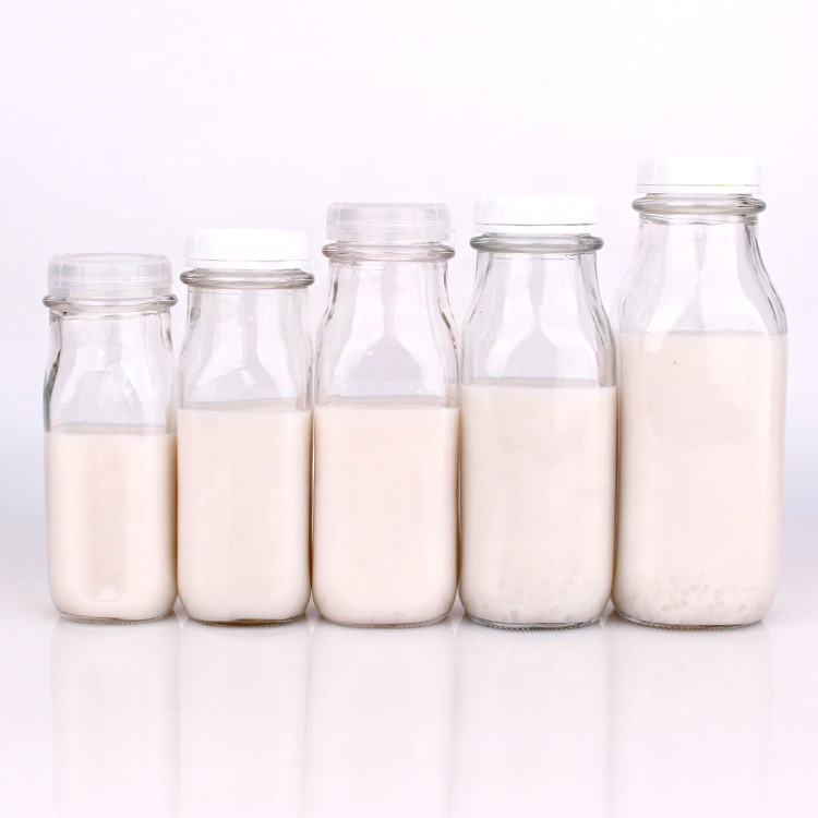 wholesale 240ml 360ml 400ml 1liter square glass milk bottles with plastic lids