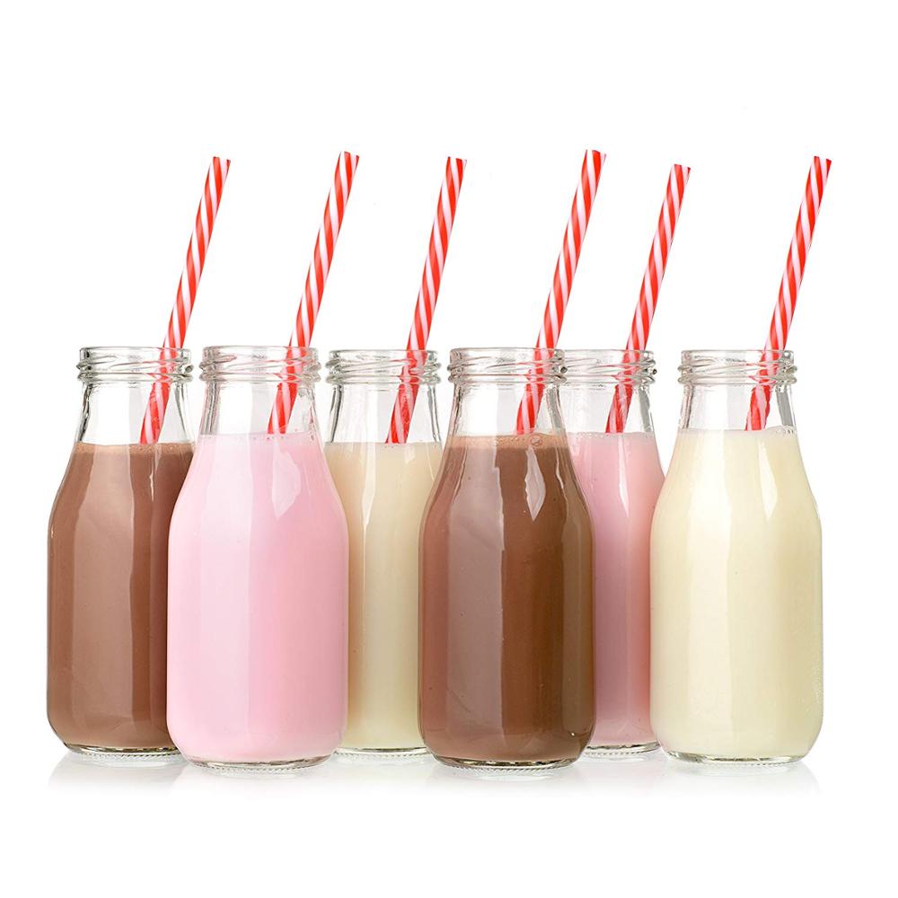 wholesale 300ml clear drinking glass milk bottle with lids
