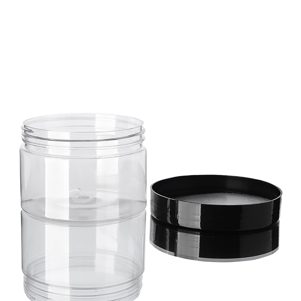 wholesale 300ml clear plastic Can with Black aluminium Cap,10 OZ PET Cosmetic Packaging,300g Clear Food Can Cream Jar