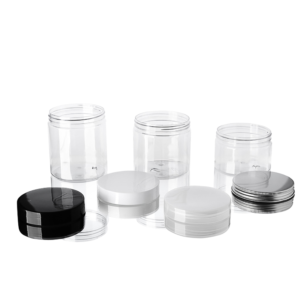 wholesale 300ml clear plastic Can with Black aluminium Cap,10 OZ PET Cosmetic Packaging,300g Clear Food Can Cream Jar