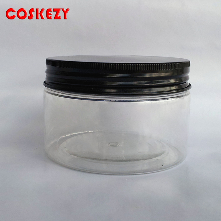 wholesale 300ml clear plastic Can with Black aluminium Cap,10 OZ PET Cosmetic Packaging,300g Clear Food Can Cream Jar