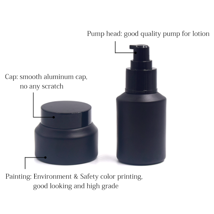wholesale 30g 50g 30ml 60ml matte black cosmetic glass bottle sets glass jar for skincare face cream lotion bottle