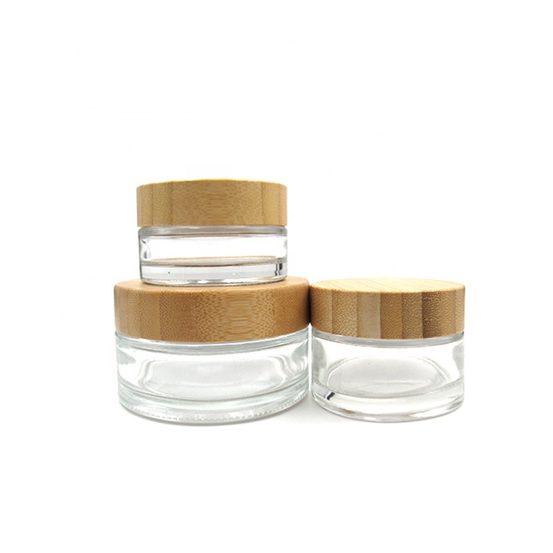 wholesale 30g 50g eco-friendly skincare scrub cosmetic clear glass cream jar with bamboo lid