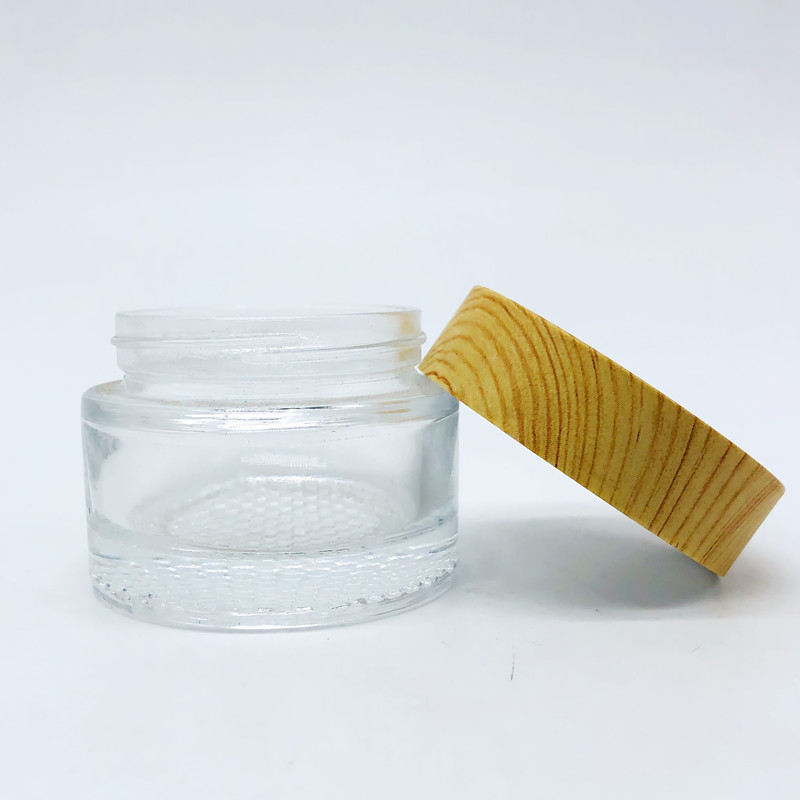 wholesale 30g frosted cosmetic skincare eye cream glass jar with Wood grain plastic cover