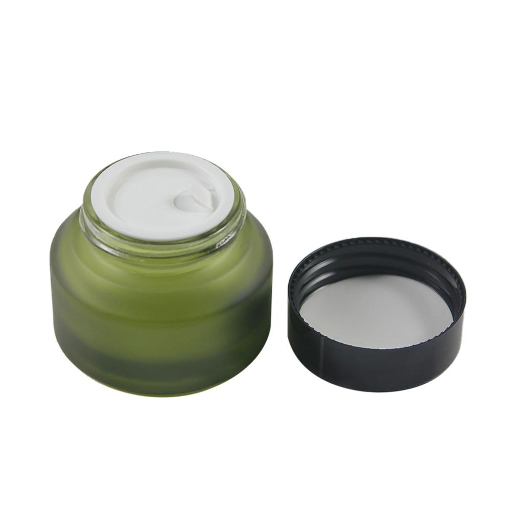 wholesale 30g olive green frosted glass cream jar with black or silver aluminum cap, 30g glass cosmetic jar for eye cream