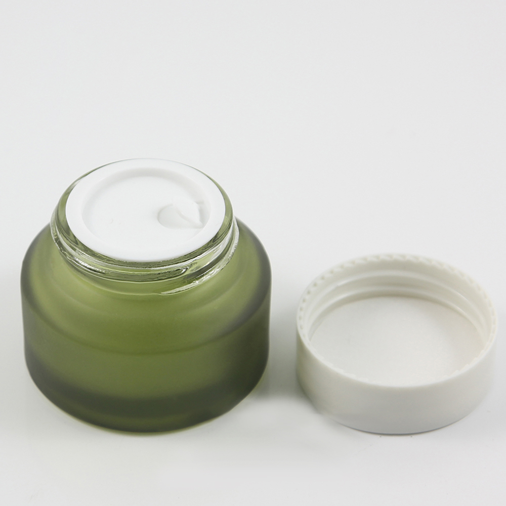 wholesale 30g olive green frosted glass cream jar with black or silver aluminum cap, 30g glass cosmetic jar for eye cream