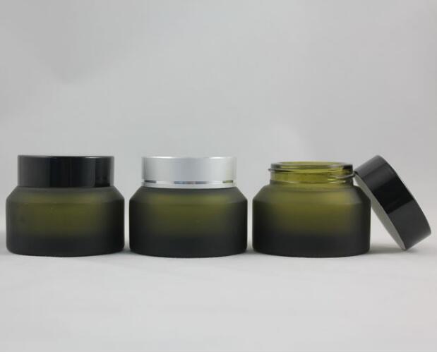 wholesale 30g olive green frosted glass cream jar with black or silver aluminum cap, 30g glass cosmetic jar for eye cream