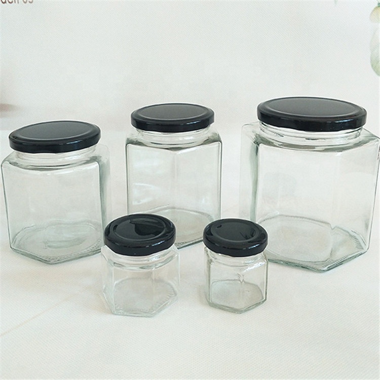 wholesale 30ml 50ml 100ml 250ml 500ml hexagon glass jar with cap for honey for food