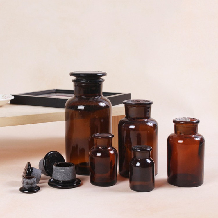 wholesale 30ml 60ml 125ml 250ml 500ml 1000ml amber glass apothecary bottles with glass lid