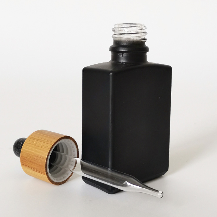 wholesale 30ml square black frosted glass dropper bottle with bamboo lid for cosmetic