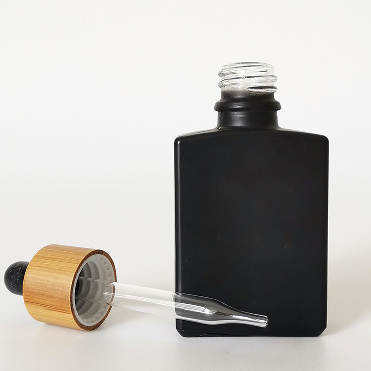 wholesale 30ml square black frosted glass dropper bottle with bamboo lid for cosmetic