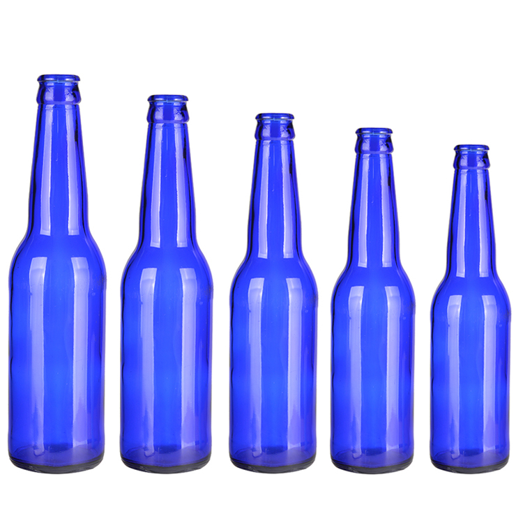 wholesale 330ml cobalt blue glass beer bottle with crown top beer glass bottle