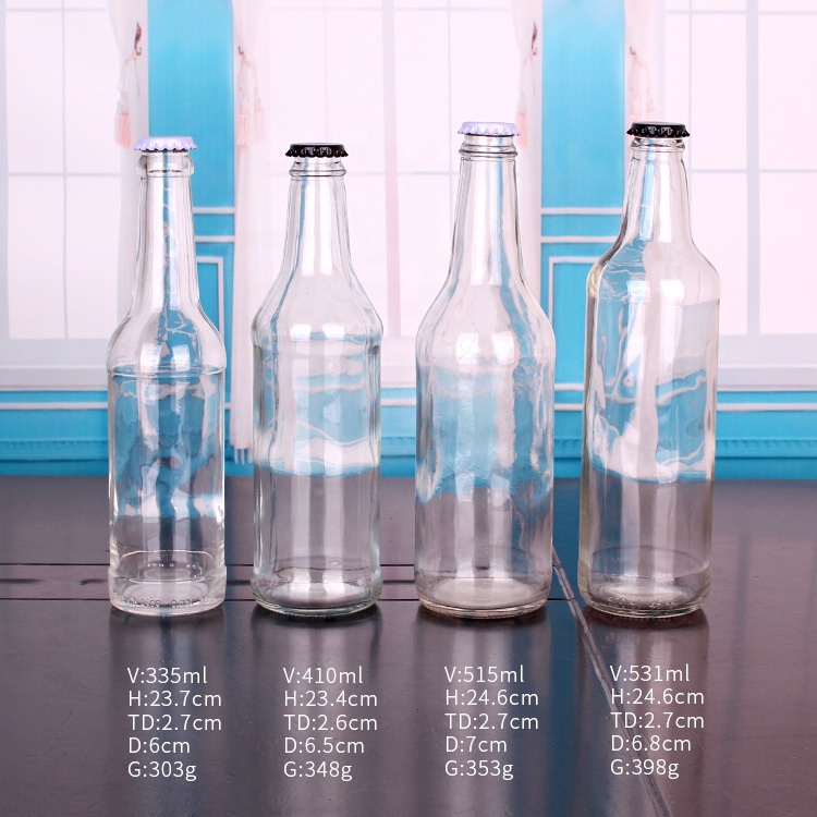 wholesale 330ml empty clear recycled glass beer bottle with crown cap