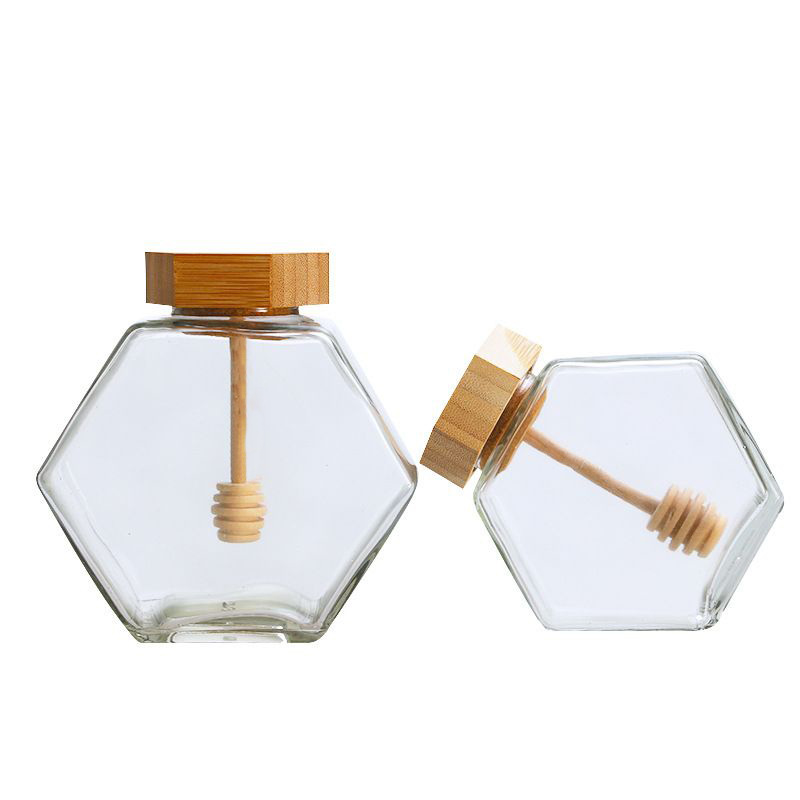 wholesale 350g honey bottle 250ml 8oz empty glass hexagon jar with dipper and wood lids