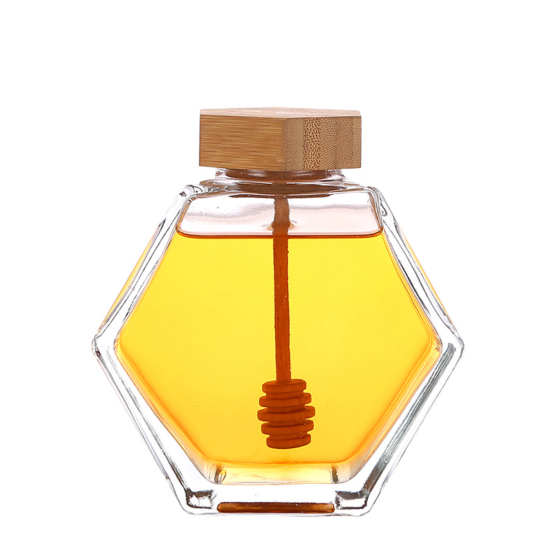 wholesale 350g honey bottle 250ml 8oz empty glass hexagon jar with dipper and wood lids