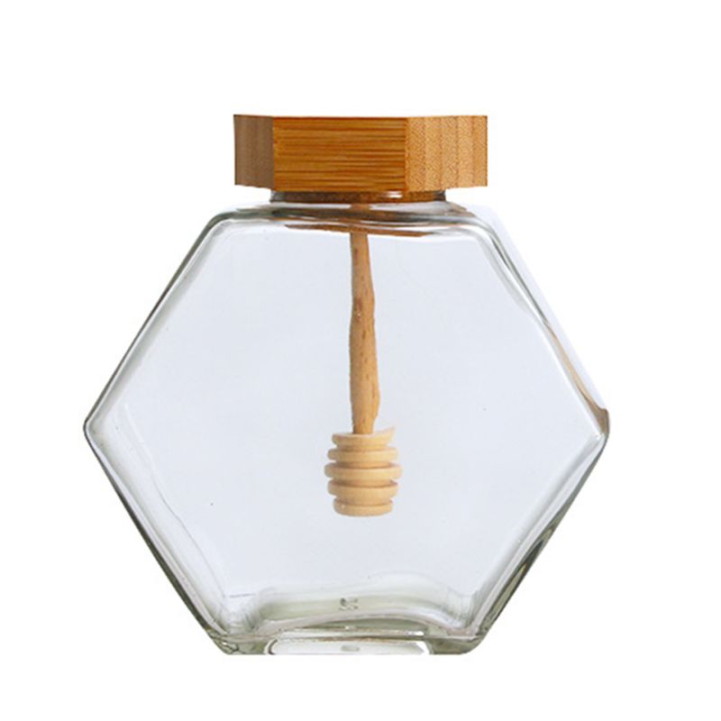 wholesale 350g honey bottle 250ml 8oz empty glass hexagon jar with dipper and wood lids