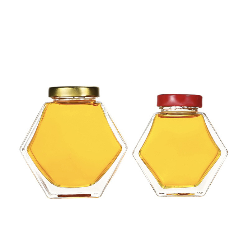wholesale 350g honey bottle 250ml 8oz empty glass hexagon jar with dipper and wood lids