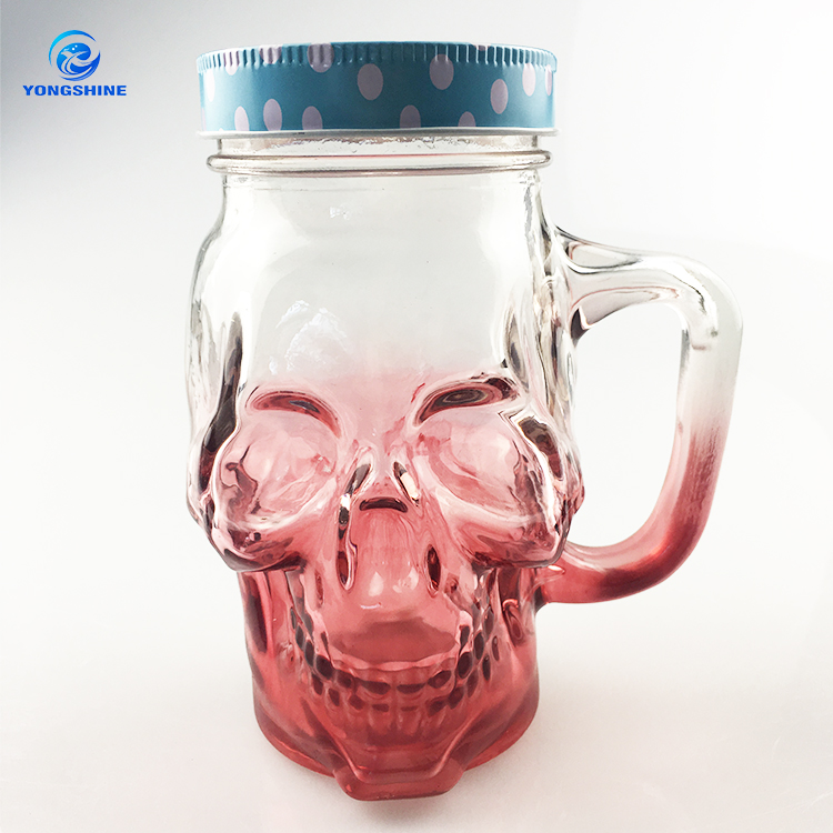wholesale 450ml 16oz skull shape mason jar with handle and screw cap