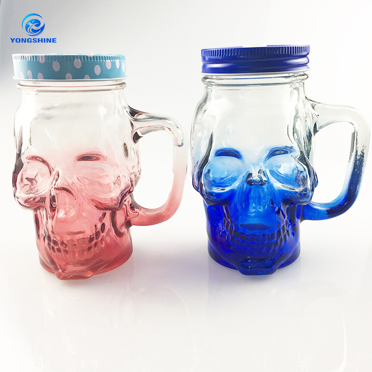 wholesale 450ml 16oz skull shape mason jar with handle and screw cap