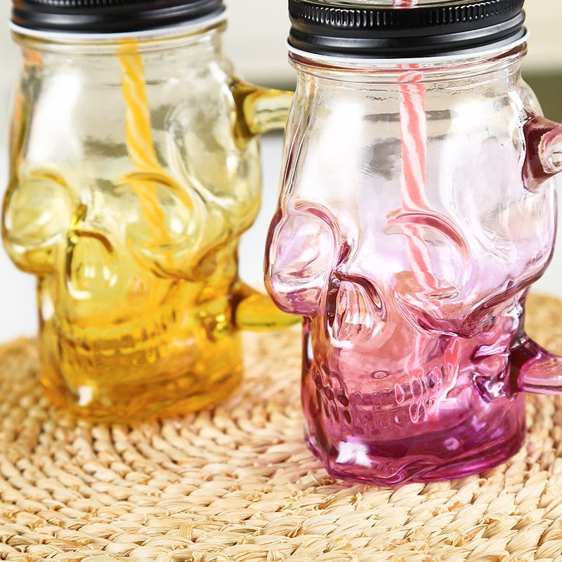wholesale 500ml skull glass mason jars embossment 480ml Glass Jar with handle and screw lid