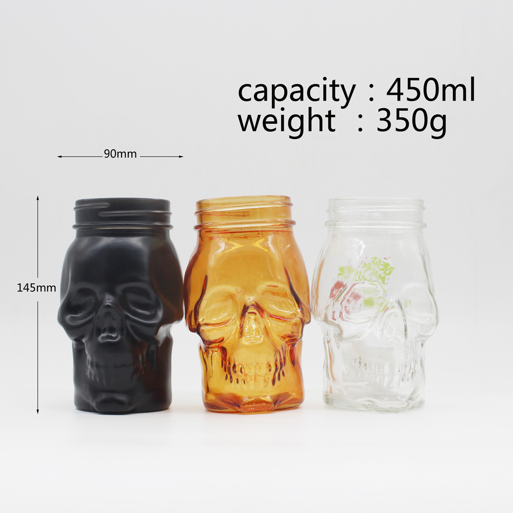 wholesale 500ml skull glass mason jars embossment 480ml Glass Jar with handle and screw lid