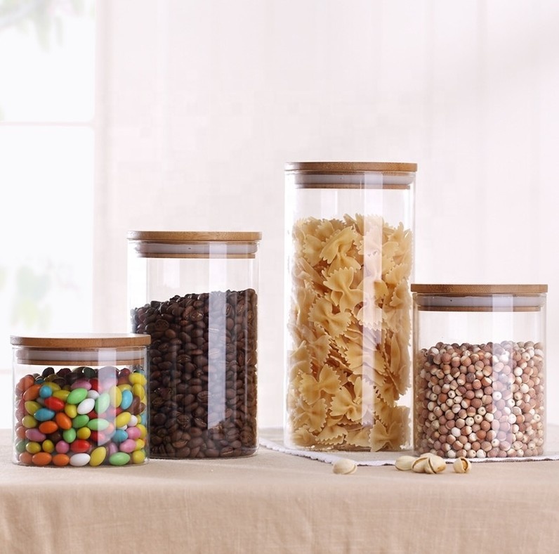 wholesale 500ml wide mouth borosilicate stackable glass spice food jar storage jars containers set with bamboo lid BJ-CC27