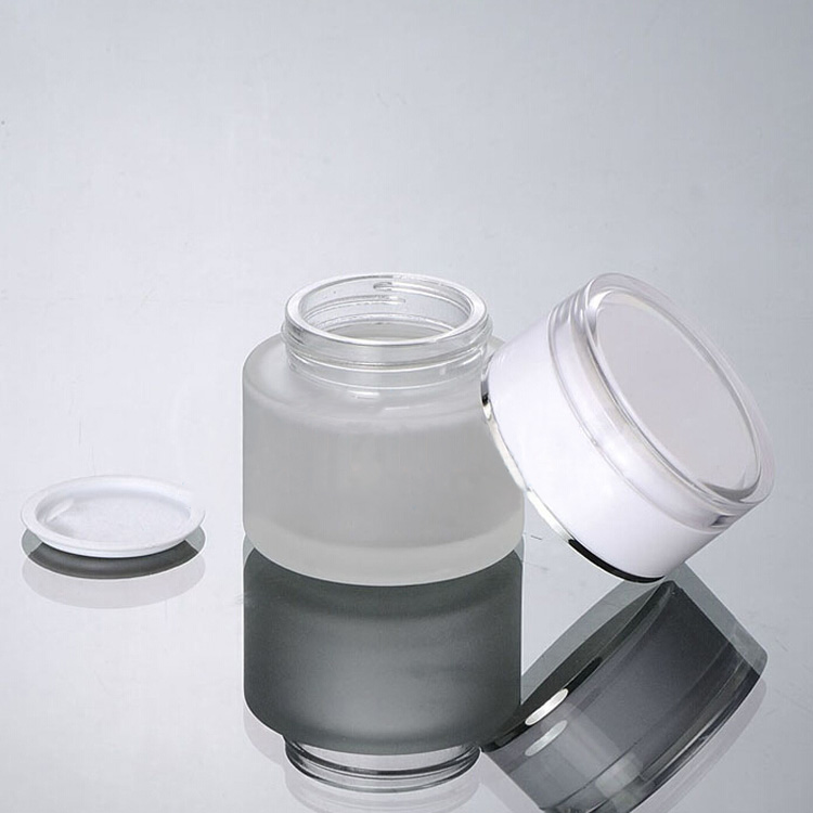 wholesale 50g clear frosted glass cream jar with white acrylic lid, 50 gram cosmetic jar,packing for sample