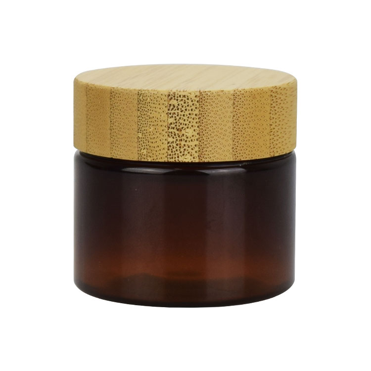 wholesale 50ml 150ml 250ml 500ml fashion empty cosmetic container round clear amber plastic  jar with bamboo lid