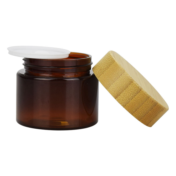 wholesale 50ml 150ml 250ml 500ml fashion empty cosmetic container round clear amber plastic jar with bamboo lid