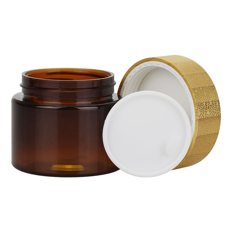 wholesale 50ml 150ml 250ml 500ml fashion empty cosmetic container round clear amber plastic jar with bamboo lid