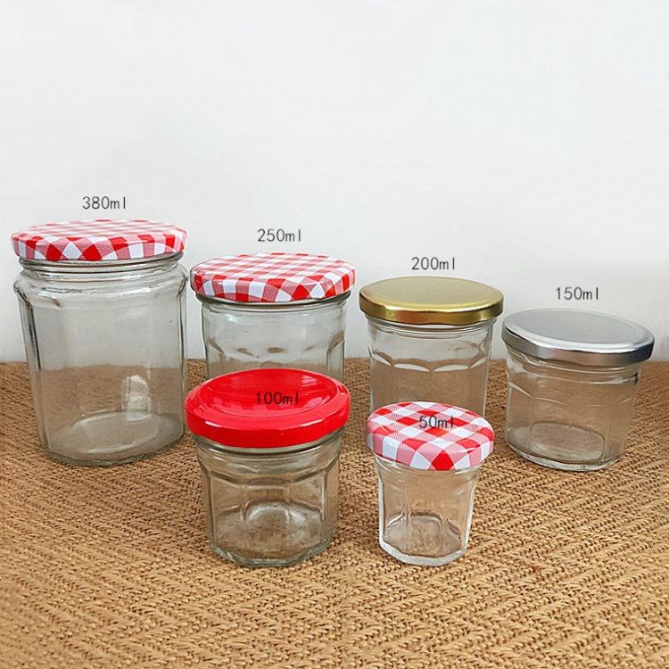 wholesale 50ml-380ml clear polygonal glass canning jar for jam with colored lid