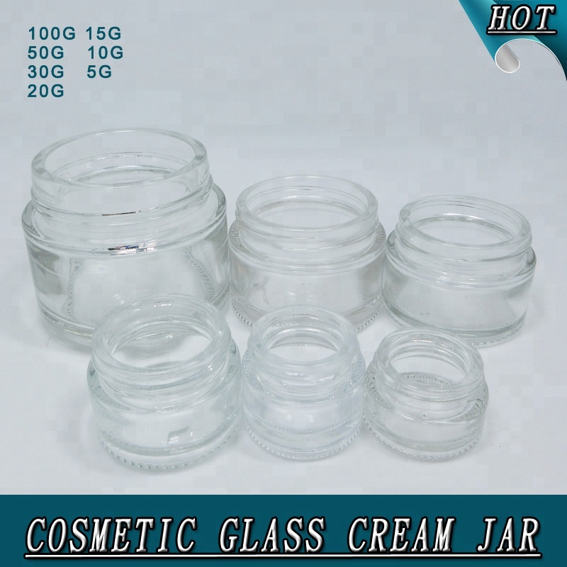 wholesale 5g 10g 15g 20g 30g 50g 60g 100ml 200g empty clear cosmetic glass cream jars with white plastic lids caps for skin care