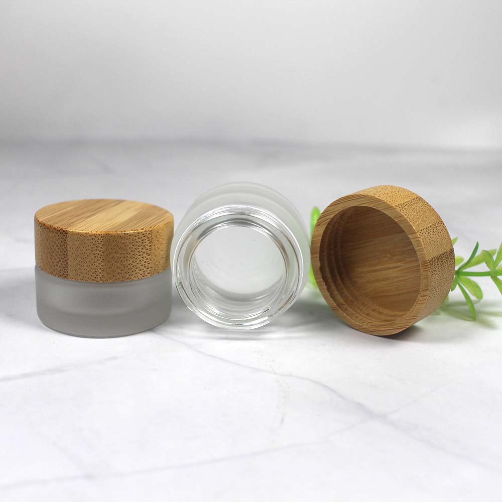 wholesale 5g miniLCosmetic frosted glass cream jar friendly ecological bamboo lid wood cap skin care packaging
