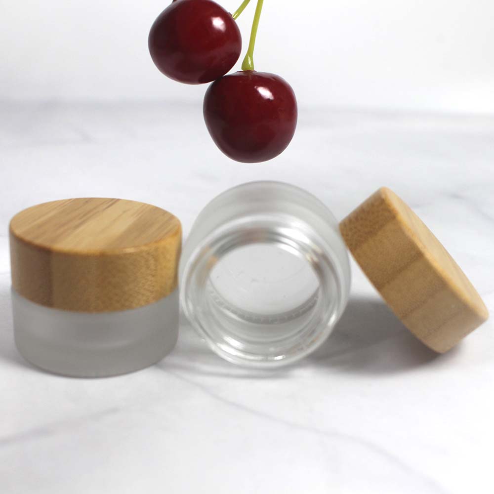 wholesale 5g miniLCosmetic frosted glass cream jar friendly ecological bamboo lid wood cap skin care packaging