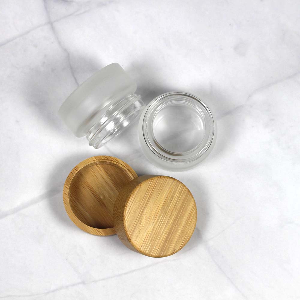 wholesale 5g miniLCosmetic frosted glass cream jar friendly ecological bamboo lid wood cap skin care packaging
