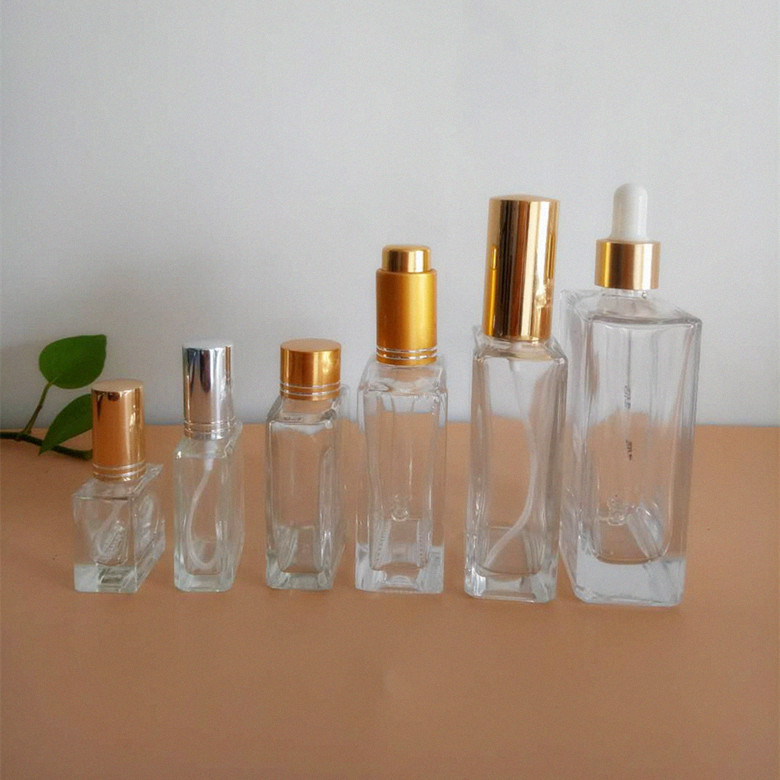 wholesale 8ml 15ml 30ml 50ml 70ml 100ml clear flat square glass perfume bottle with sprayer or dropper