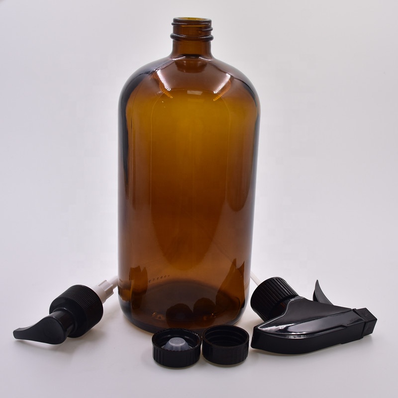 wholesale 8oz 16oz 125ml 250ml 500ml 1000ml amber boston round glass bottle with sprayer pump For Essential Oils Soap Dispense