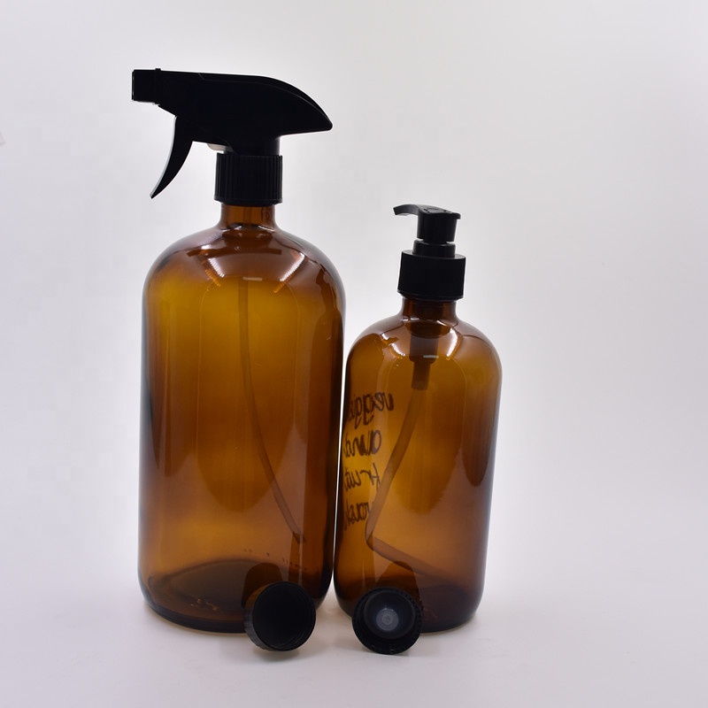 wholesale 8oz 16oz 125ml 250ml 500ml 1000ml amber boston round glass bottle with sprayer pump For Essential Oils Soap Dispense