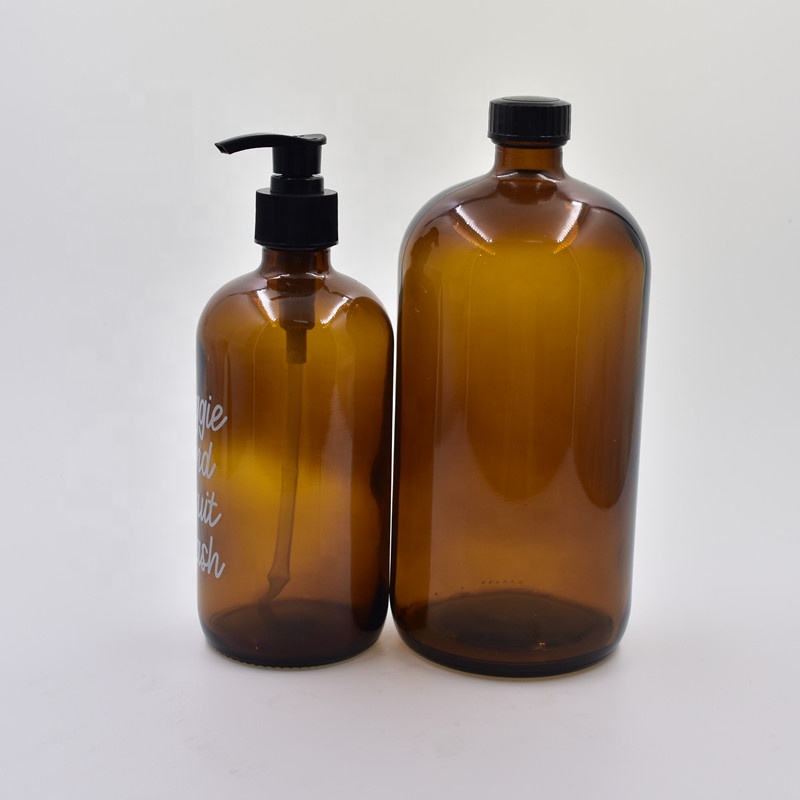 wholesale 8oz 16oz 125ml 250ml 500ml 1000ml amber boston round glass bottle with sprayer pump For Essential Oils Soap Dispense