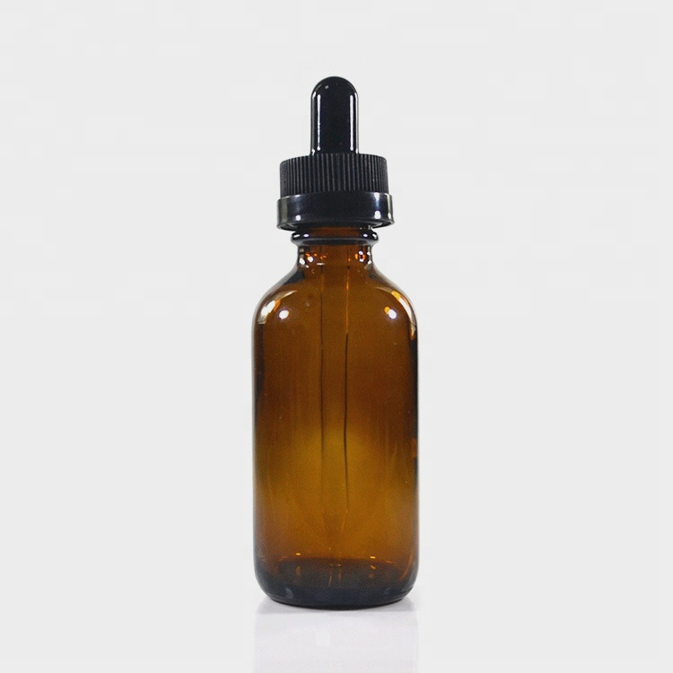wholesale Boston round bottle 60ml essential oil amber glass dropper bottle with screw cap and rubber stopper