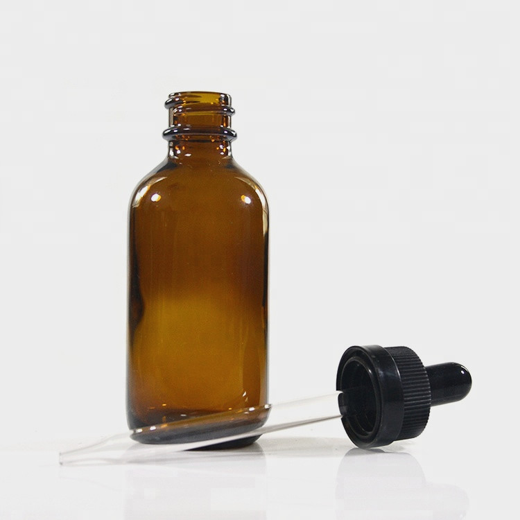 wholesale Boston round bottle 60ml essential oil amber glass dropper bottle with screw cap and rubber stopper