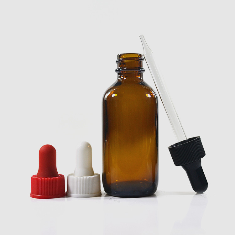 wholesale Boston round bottle 60ml essential oil amber glass dropper bottle with screw cap and rubber stopper