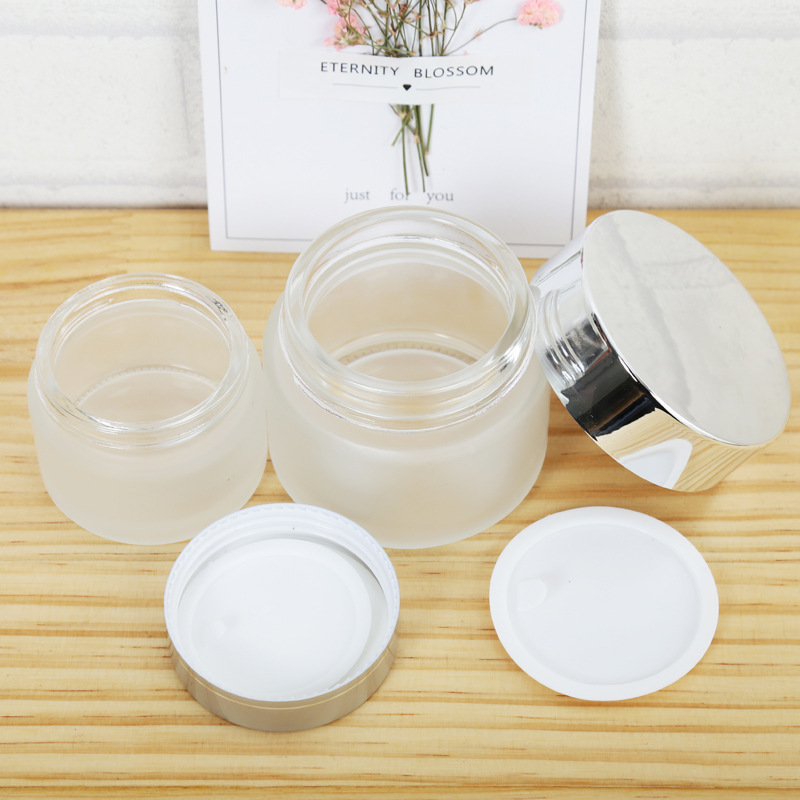 wholesale Cosmetic Packaging 50G frosted glass cream jar with black lid cream jar