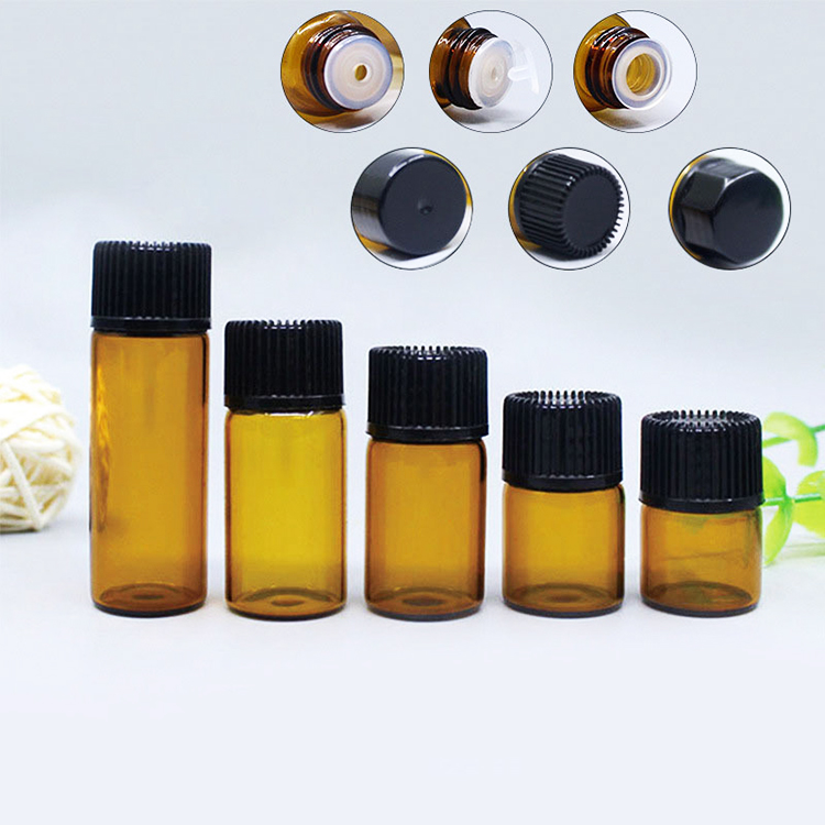 wholesale Essential Oil Glass Bottle 1ml 2ml 3ml 5ml Mini Sample Amber Glass Vial With Inner Plug And Screw Cap